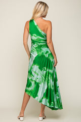 Green Watercolor Satin Pleated One-Shoulder Asymmetrical Midi Dress