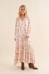 Taupe Floral Ruffle Long Sleeve Tiered Maternity Maxi Dress