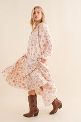 Taupe Floral Ruffle Long Sleeve Tiered Maxi Dress