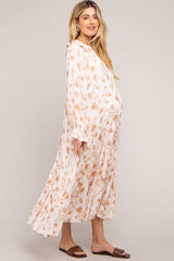 Taupe Floral Ruffle Long Sleeve Tiered Maternity Maxi Dress