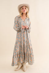 Light Olive Floral Ruffle Long Sleeve Tiered Maxi Dress