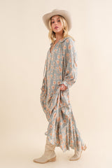 Light Olive Floral Ruffle Long Sleeve Tiered Maxi Dress