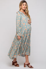 Light Olive Floral Ruffle Long Sleeve Tiered Maternity Maxi Dress