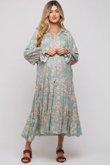 Light Olive Floral Ruffle Long Sleeve Tiered Maternity Maxi Dress