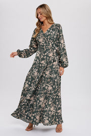 Forest Green Floral Wrap Maxi Dress