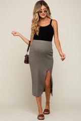 Olive Ribbed Knit Slit Maternity Midi Skirt