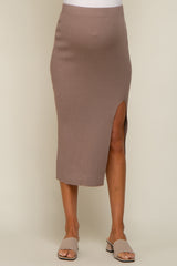 Mocha Ribbed Knit Slit Maternity Midi Skirt