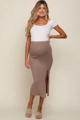 Mocha Ribbed Knit Slit Maternity Midi Skirt