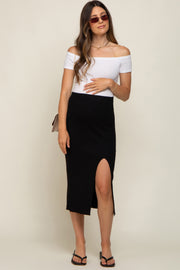 Black Ribbed Knit Slit Maternity Midi Skirt