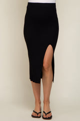 Black Ribbed Knit Slit Maternity Midi Skirt