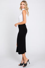 Black Ribbed Knit Slit Midi Skirt