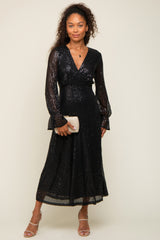 Black Sequin Long Sleeve Wrap Maternity Maxi Dress