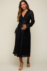 Black Sequin Long Sleeve Wrap Maternity Maxi Dress