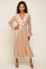 Gold Sequin Long Sleeve Wrap Maternity Maxi Dress