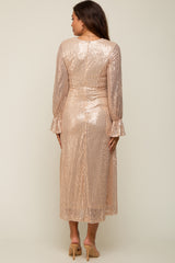 Gold Sequin Long Sleeve Wrap Maternity Maxi Dress