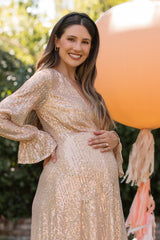 Gold Sequin Long Sleeve Wrap Maternity Maxi Dress