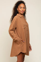 Camel Pinstriped Button-Down Linen Dress