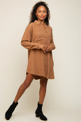 Camel Pinstriped Button-Down Linen Dress