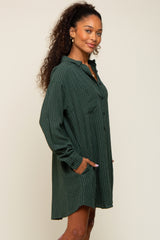 Forest Green Pinstriped Button-Down Linen Dress