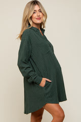 Forest Green Pinstriped Button-Down Linen Maternity Dress