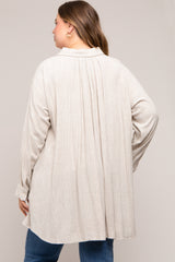 Beige Pinstriped Button-Down Linen Maternity Plus Tunic