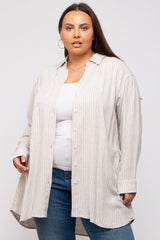 Beige Pinstriped Button-Down Linen Maternity Plus Tunic