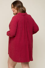 Burgundy Pinstriped Button-Down Linen Maternity Plus Dress