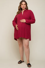 Burgundy Pinstriped Button-Down Linen Maternity Plus Dress