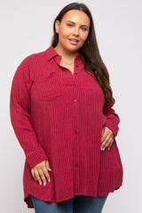 Burgundy Pinstriped Button-Down Linen Plus Dress