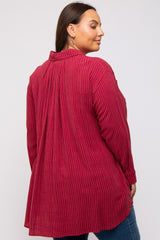 Burgundy Pinstriped Button-Down Linen Plus Dress