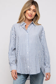 Blue Striped Button Up Long Sleeve Maternity Top