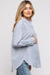 Blue Striped Button Up Long Sleeve Maternity Top