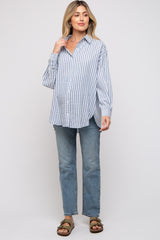 Blue Striped Button Up Long Sleeve Maternity Top