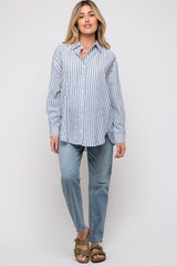 Blue Striped Button Up Long Sleeve Maternity Top