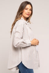 Grey Striped Button Up Long Sleeve Maternity Top