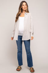 Grey Striped Button Up Long Sleeve Maternity Top