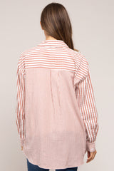 Mauve Striped Button Up Long Sleeve Maternity Top