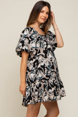 Black Floral Puff Sleeve Maternity Dress