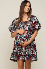 Burgundy Floral Puff Sleeve Maternity Dress