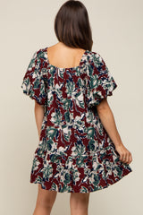 Burgundy Floral Puff Sleeve Maternity Dress