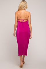 Magenta Knot Front Plisse Halter Maternity Midi Dress