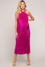 Magenta Knot Front Plisse Halter Maternity Midi Dress