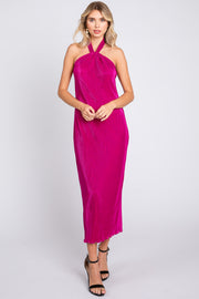 Magenta Knot Front Plisse Halter Midi Dress