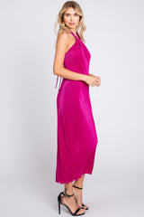 Magenta Knot Front Plisse Halter Midi Dress