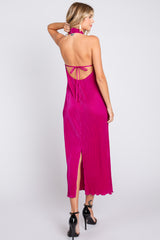 Magenta Knot Front Plisse Halter Midi Dress