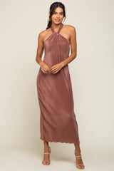 Mocha Knot Front Plisse Halter Maternity Midi Dress