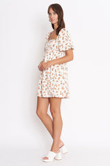 White Floral Print Short Sleeve Floral Babydoll Dress