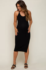 Black Sleeveless Ribbed Slit Maternity Midi Dress