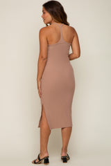 Taupe Sleeveless Ribbed Slit Maternity Midi Dress