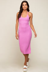 Pink Sleeveless Ribbed Slit Midi Dress